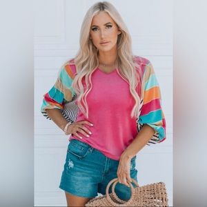“Katie” Rose stripe color block bubble sleeve top